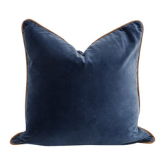 The Not So Basic 22" Essential Pillow, Set of 2, Denim Velvet, Whiskey Brown Top Grain Leather Piping