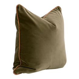 The Not So Basic 22" Essential Pillow - Olive Velvet, Whiskey Brown Top Grain Leather Piping, Set of 2
