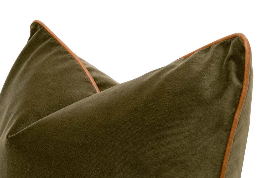 The Not So Basic 22" Essential Pillow - Olive Velvet, Whiskey Brown Top Grain Leather Piping, Set of 2