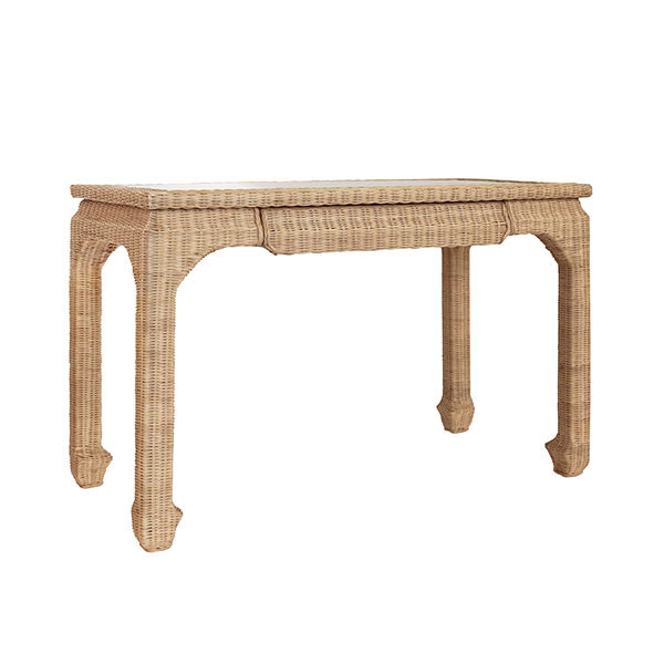 One Drawer Ming Style Desk In Woven Rattan With Glass Top