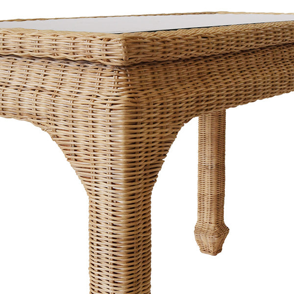 One Drawer Ming Style Desk In Woven Rattan With Glass Top