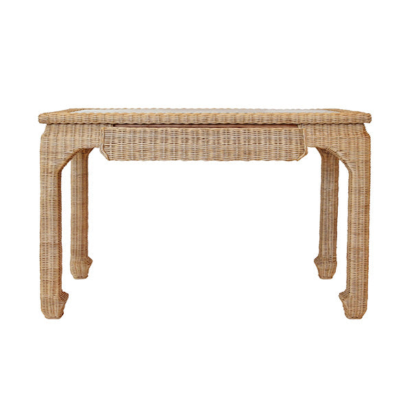 One Drawer Ming Style Desk In Woven Rattan With Glass Top