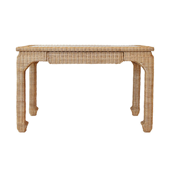 One Drawer Ming Style Desk In Woven Rattan With Glass Top