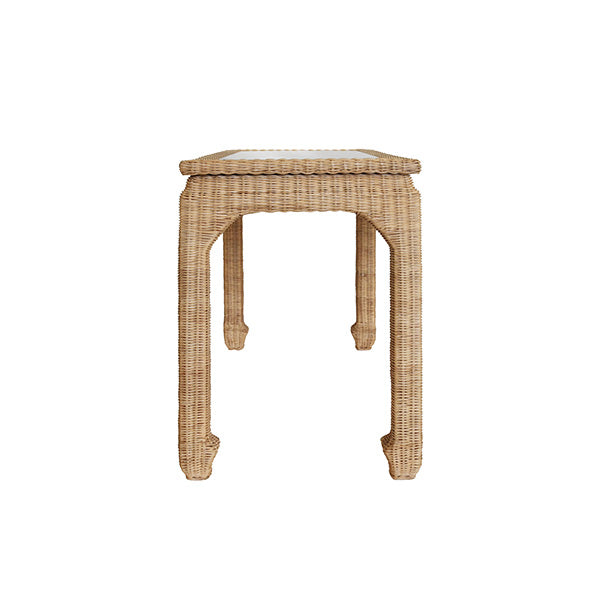 One Drawer Ming Style Desk In Woven Rattan With Glass Top