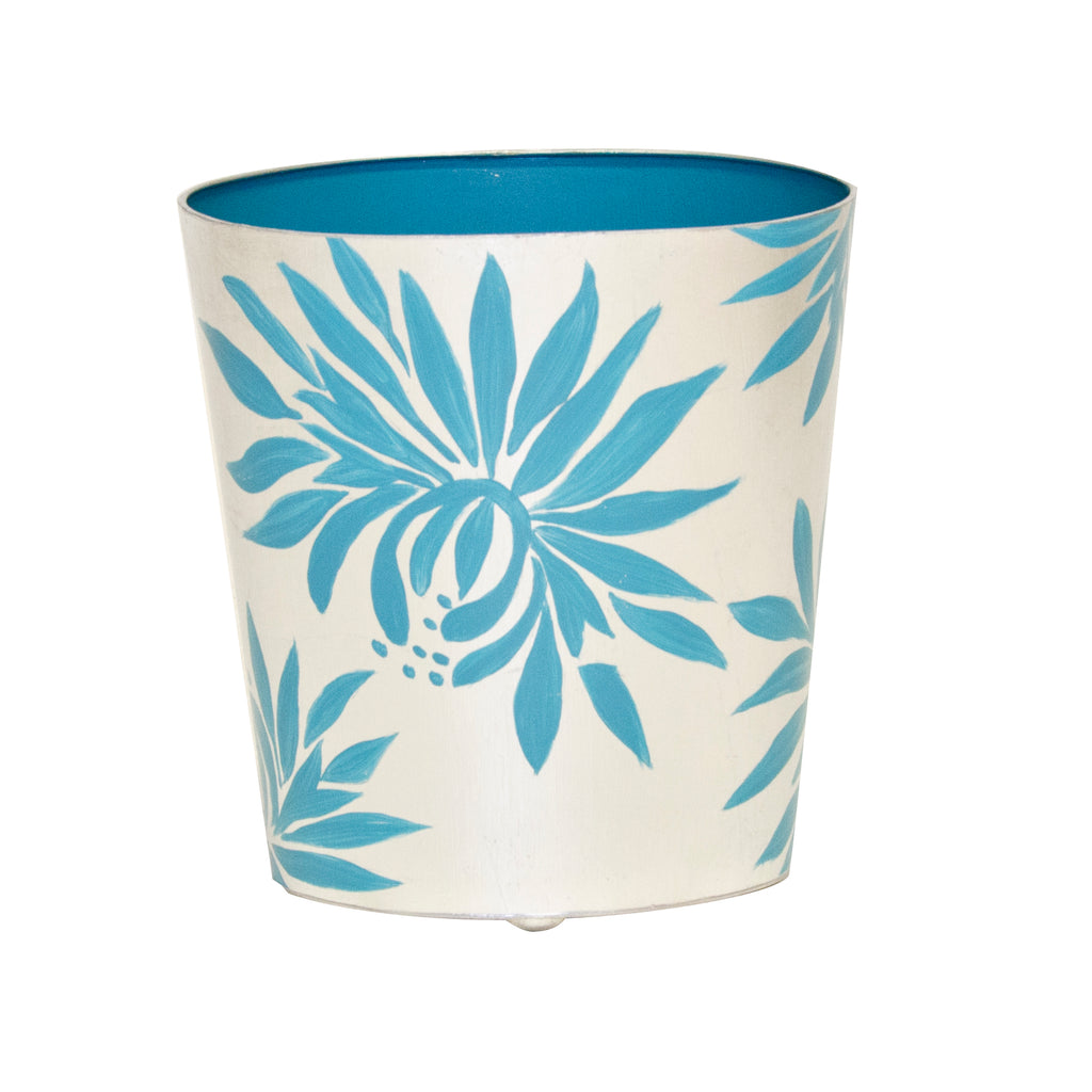 Oval Wastebasket Silver Leaf And Blue Dahlia