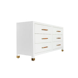 Six Drawer Chest With Rattan Wrapped Handles In Matte White Lacquer