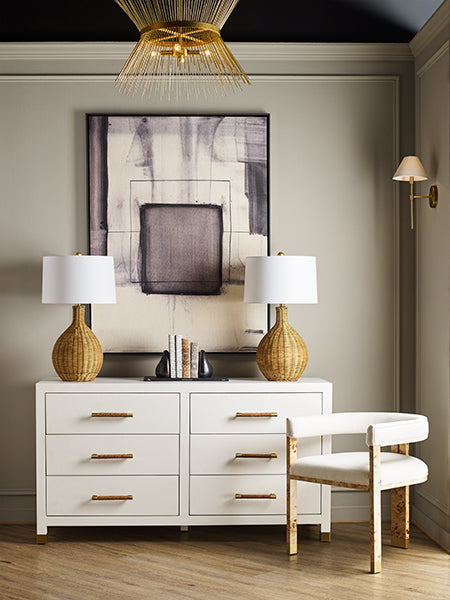 Six Drawer Chest With Rattan Wrapped Handles In Matte White Lacquer