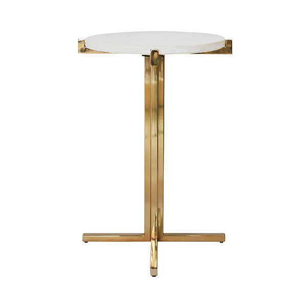 Round Side Table With Brass X Base And White Marble Top