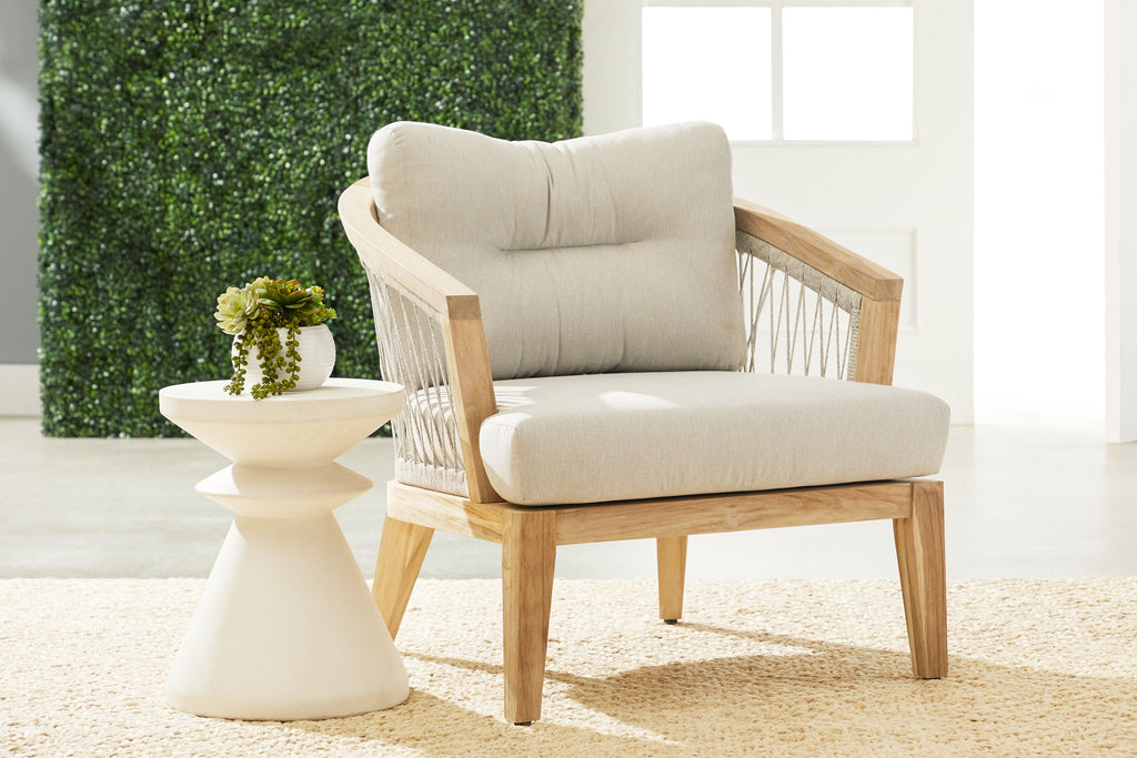 Web Outdoor Club Chair, Taupe and White Flat Rope