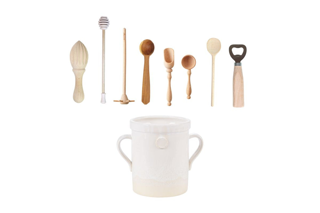 White Handthrown Crock and Utensil Bundle