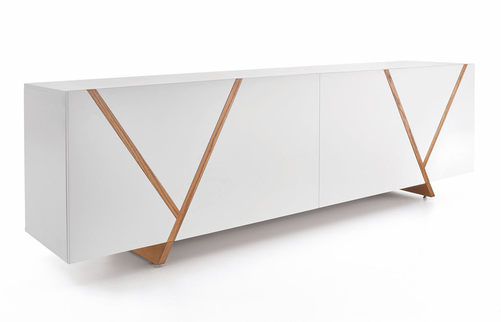 Ypis Sideboard Featuring Geometric Marquetry Shapings on the Doors in Off-White