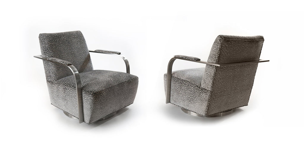 Zac Swivel Chair In Gray Fabric With Brushed Stainless Steel Frame