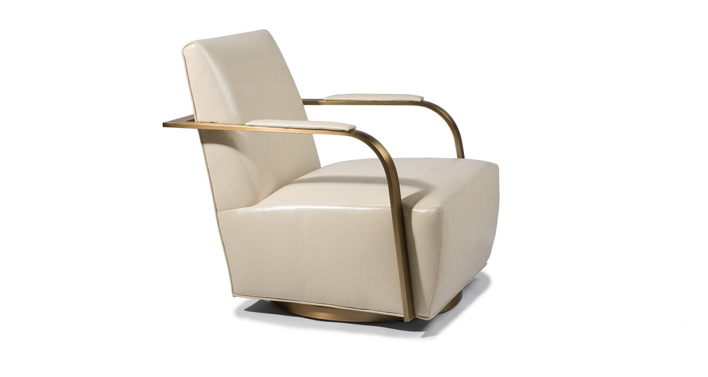Zac Swivel Chair In White Leather With Brushed Bronze Frame