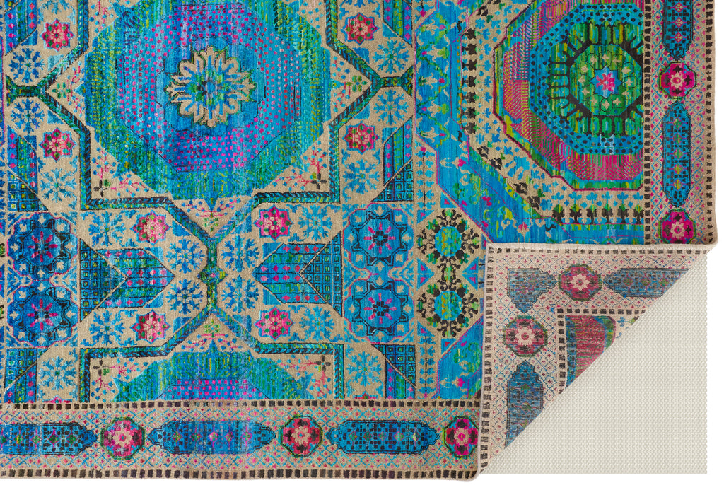 Latham Transitional Bordered Blue Green Red Area Rug (7'9" x 9'9")