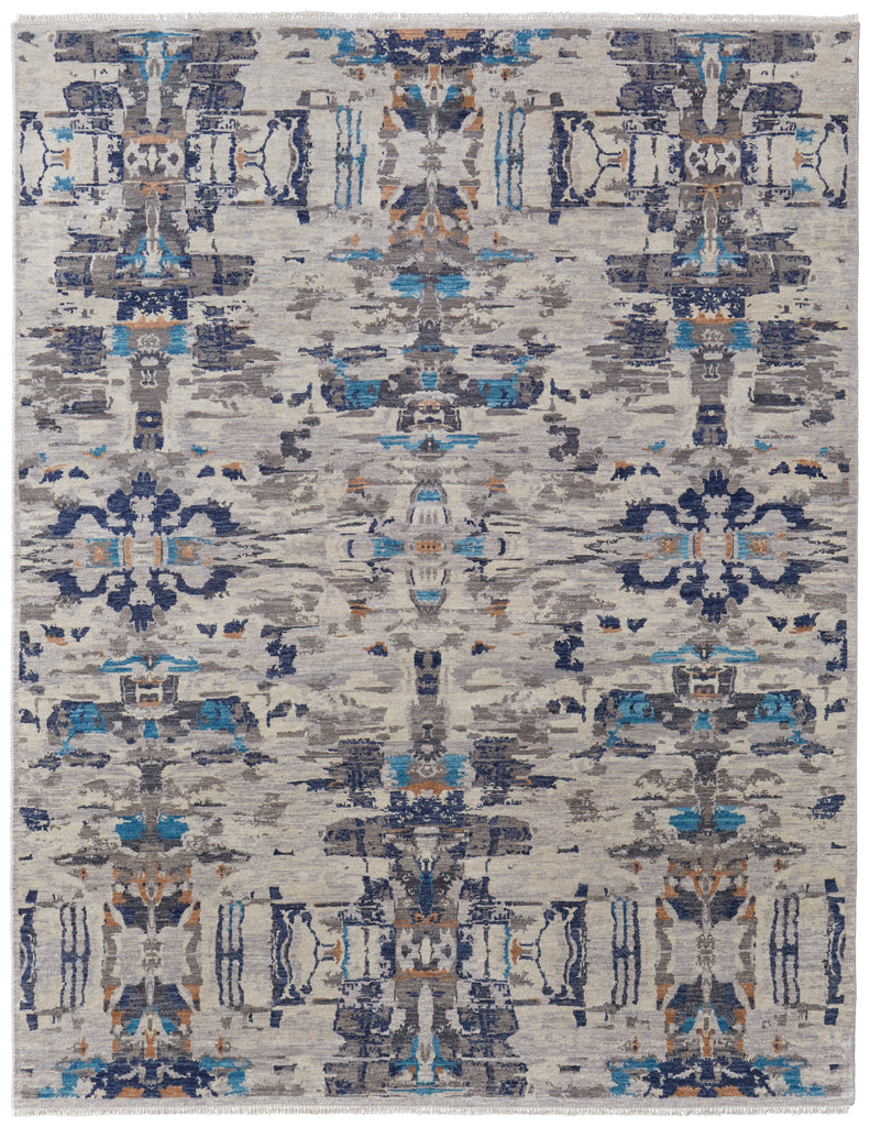 Bhatia Modern Damask Ivory Blue Taupe Area Rug (3' x 5')