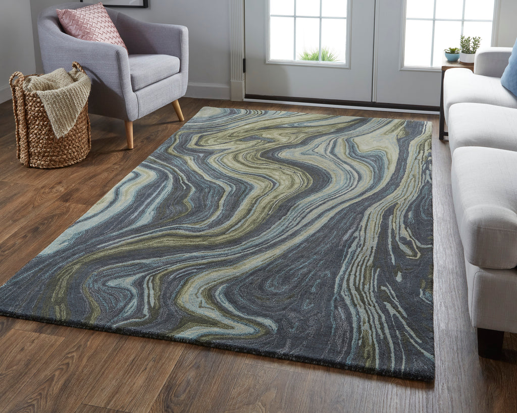 Amira Transitional Abstract Blue Ivory Green Area Rug (5' x 8')