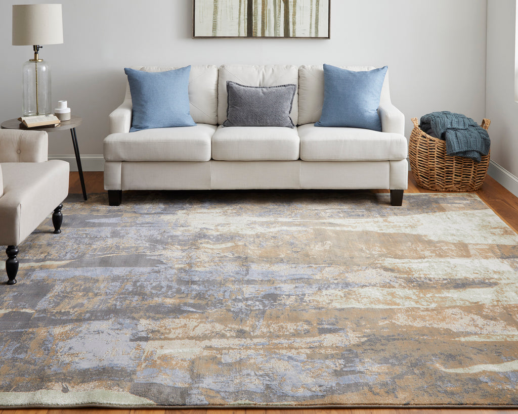 Clio Modern Abstract Brown Blue Ivory Area Rug (9' x 12')