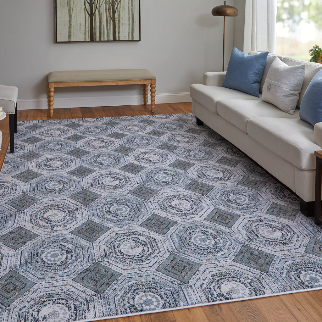 Marigold Transitional Geometric Gray Blue White Area Rug (8' x 11')