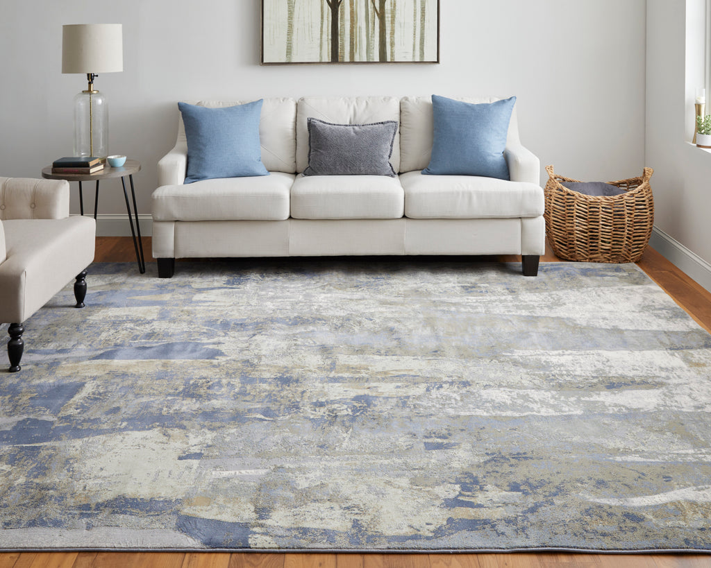 Clio Modern Abstract Blue Gray Tan Area Rug (10' x 13'2")