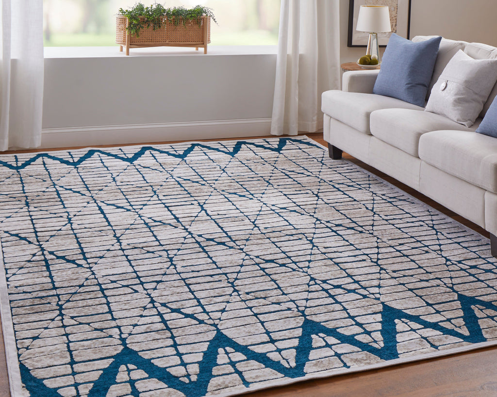 Saphir Mira Transitional Geometric Blue Green White Area Rug (7'6" x 10'6")