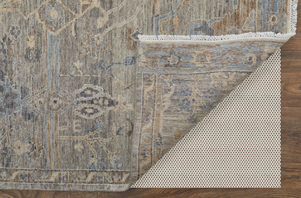 Ronin Transitional Damask Taupe Tan Blue Area Rug (5'6" x 8'6")