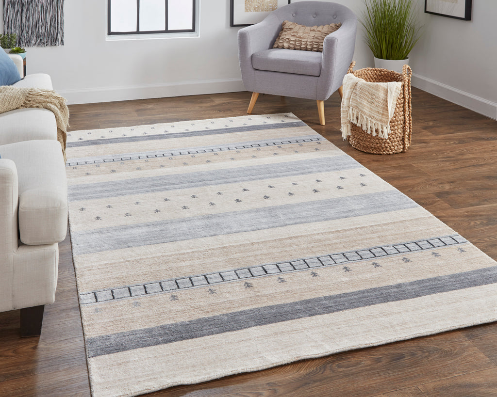 Legacy Transitional Stripes Ivory Tan Gray Area Rug (5'6" x 8'6")