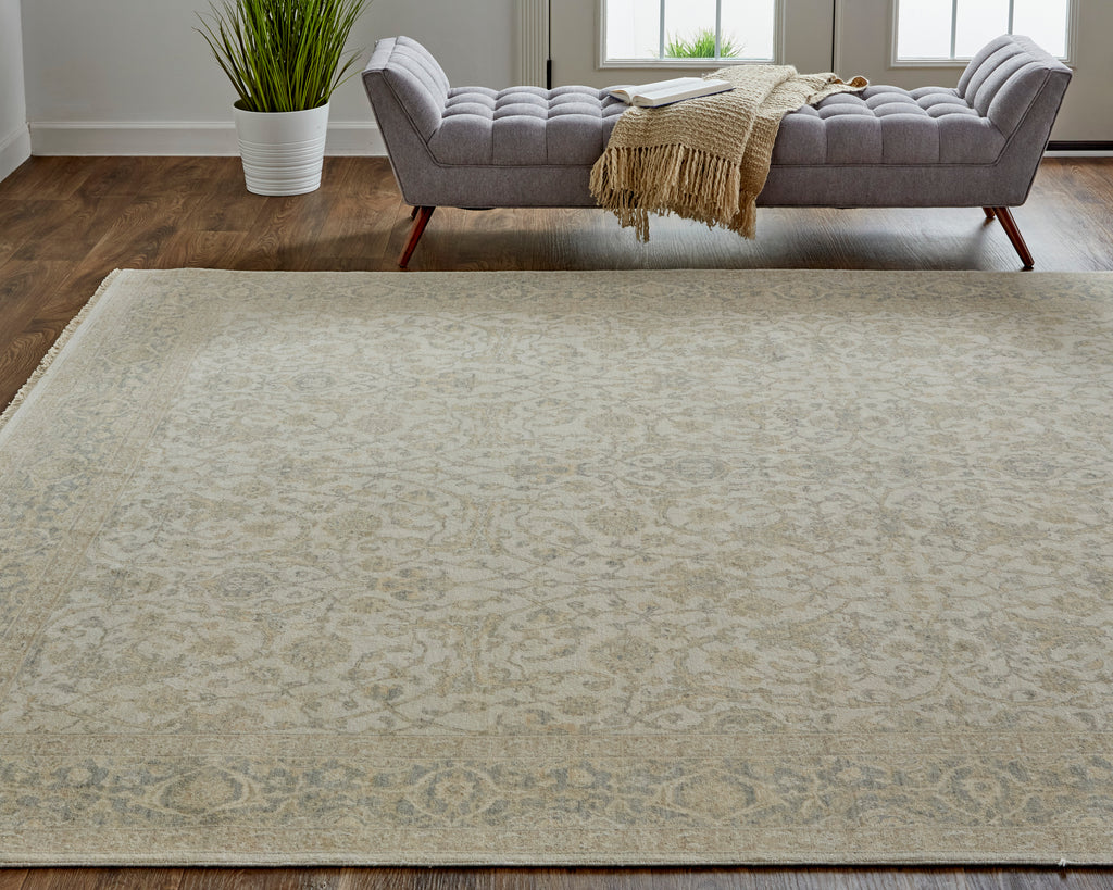 Zander Transitional Oriental Tan Ivory Blue Area Rug (7'9" x 9'9")