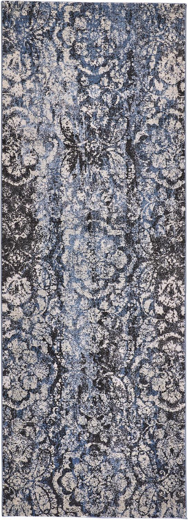 Ainsley Transitional Distressed Blue Ivory Black Area Rug (2'10" x 7'10")