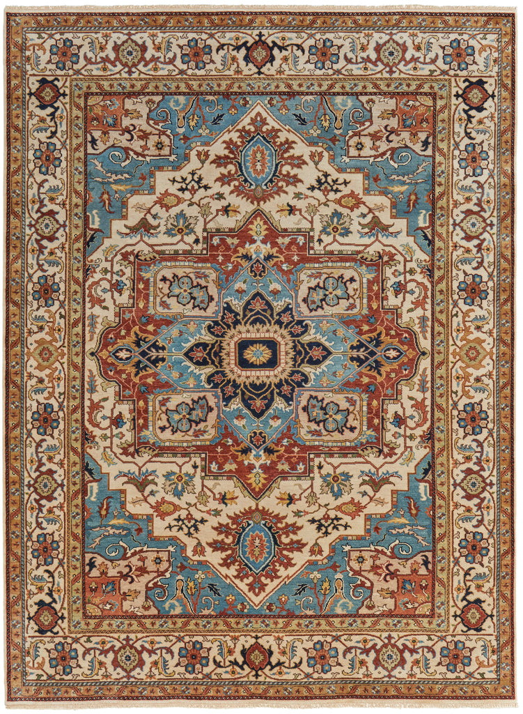 Ralston Traditional Damask Ivory Blue Orange Area Rug (4' x 6')