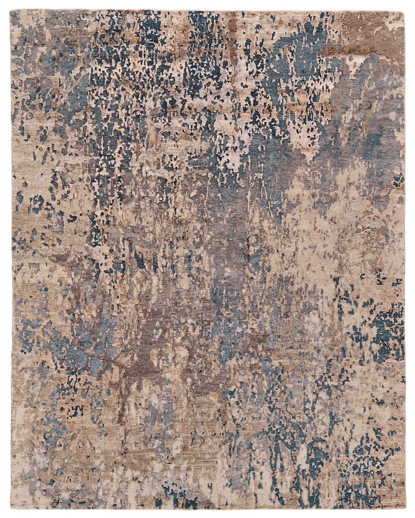 Lor Modern Abstract Tan Brown Blue Area Rug (8'6" x 11'6")