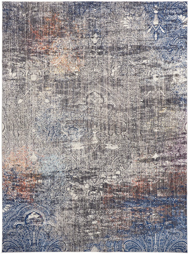 Bellini Transitional Damask Taupe Blue Ivory Area Rug (9'2" x 12'4")