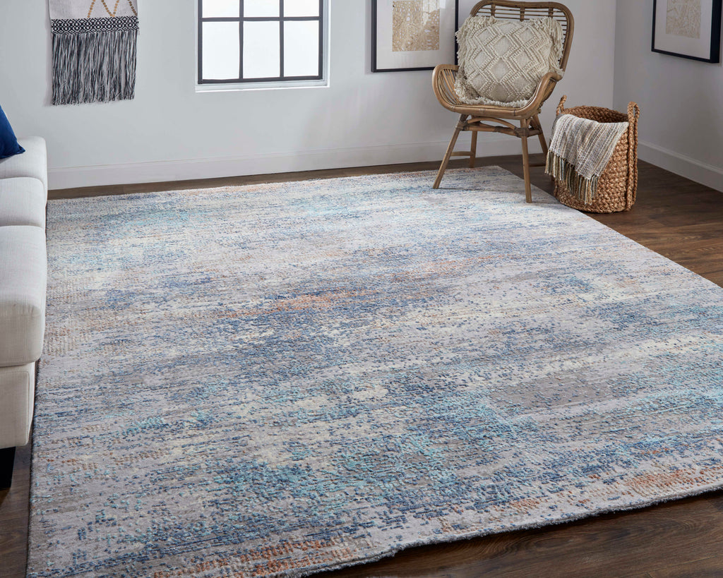 Fowler Transitional Watercolor Blue Silver Tan Area Rug (8'6" x 11'6")