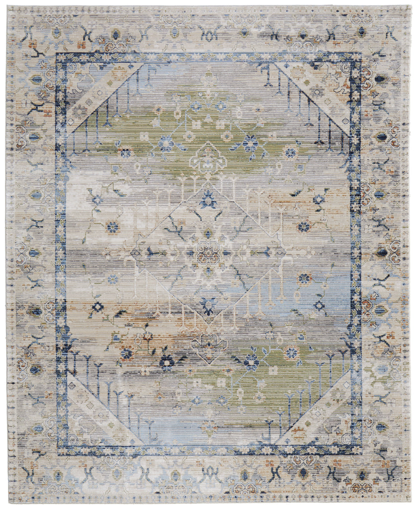 Melrose Transitional Distressed Ivory Green Blue Area Rug (9' x 12'8")