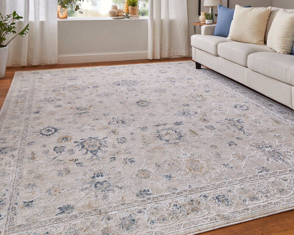 Pasha Transitional Floral Botanical Ivory Taupe Blue Area Rug (2' x 3')