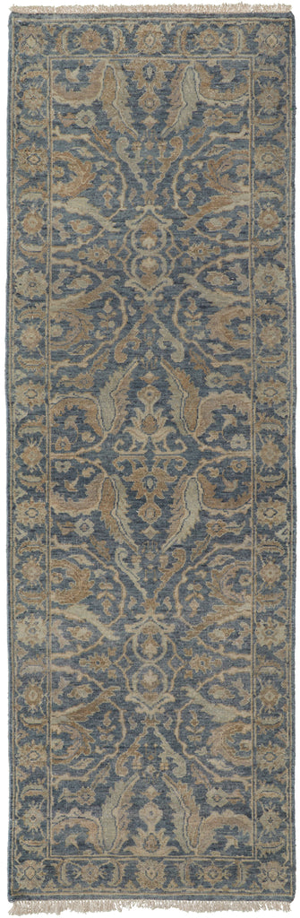 Marabel Traditional Damask Blue Taupe Ivory Area Rug (2'6" x 10')