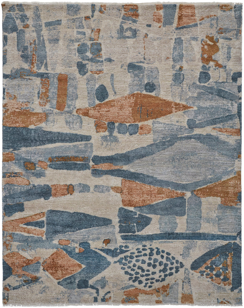 Salina Transitional Abstract Blue Ivory Orange Area Rug (9'6" x 13'6")