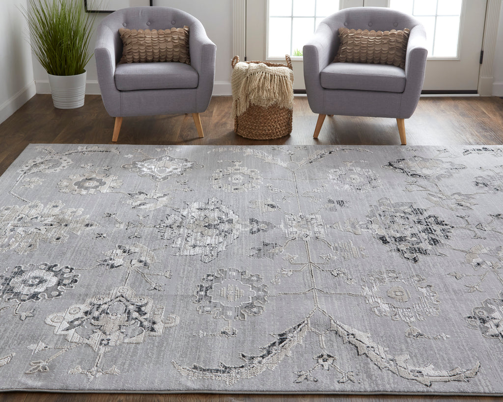 Macklaine Transitional Damask Silver Black Area Rug (2'10" x 7'10")