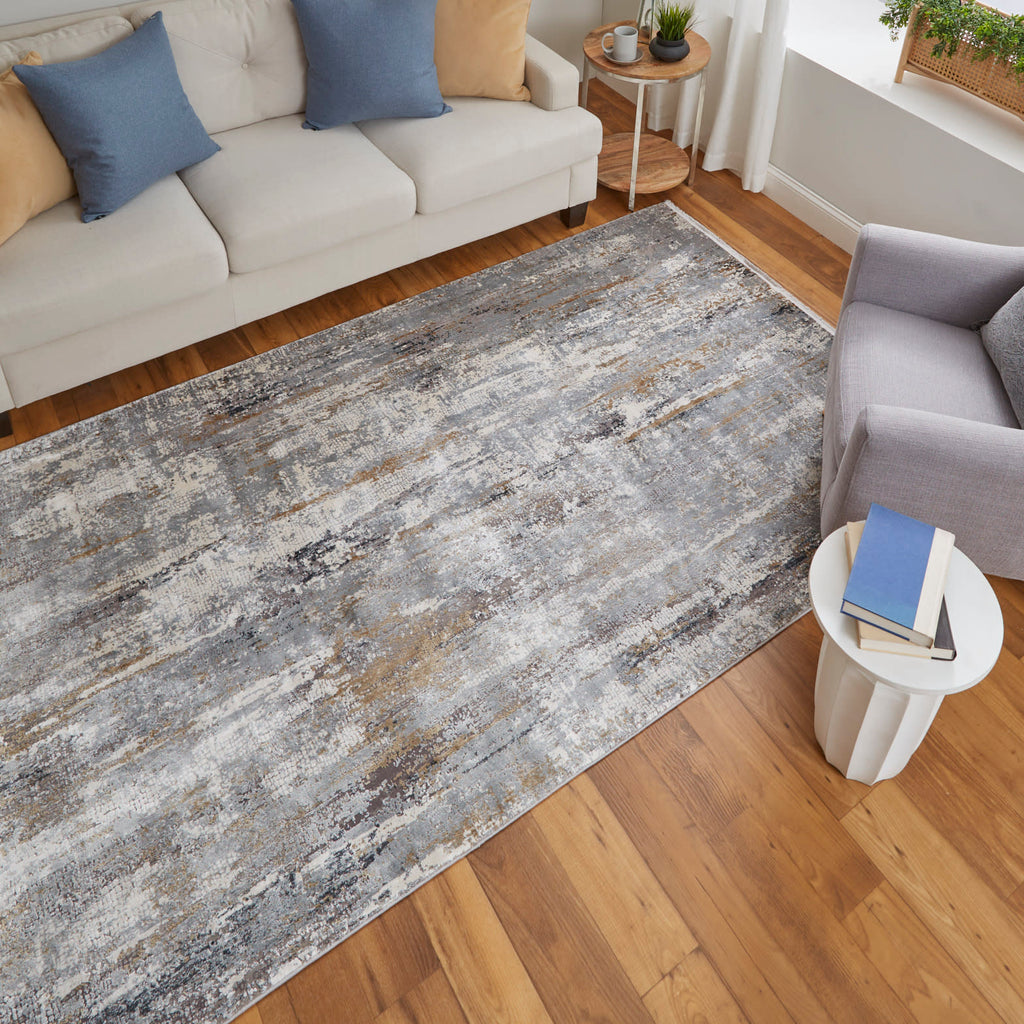 Cadiz Modern Abstract Ivory Gray Gold Area Rug (6'6" x 9'6")