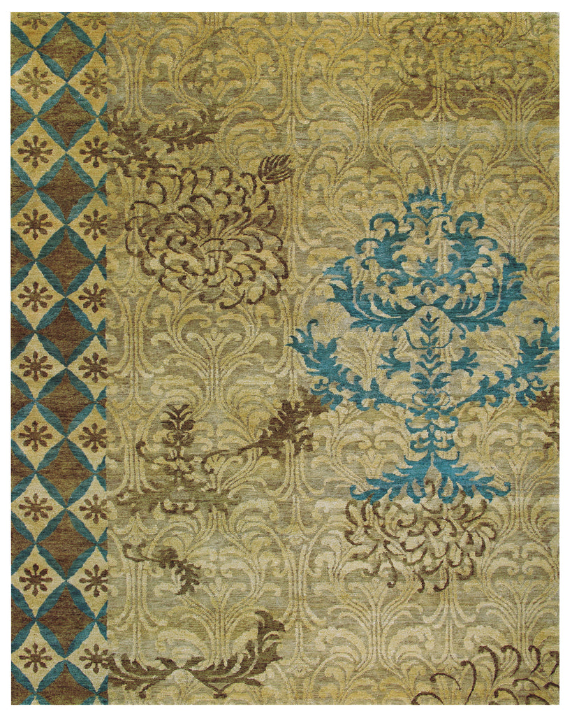 Qing Transitional Floral Botanical Tan Brown Blue Area Rug (5'6" x 8'6")