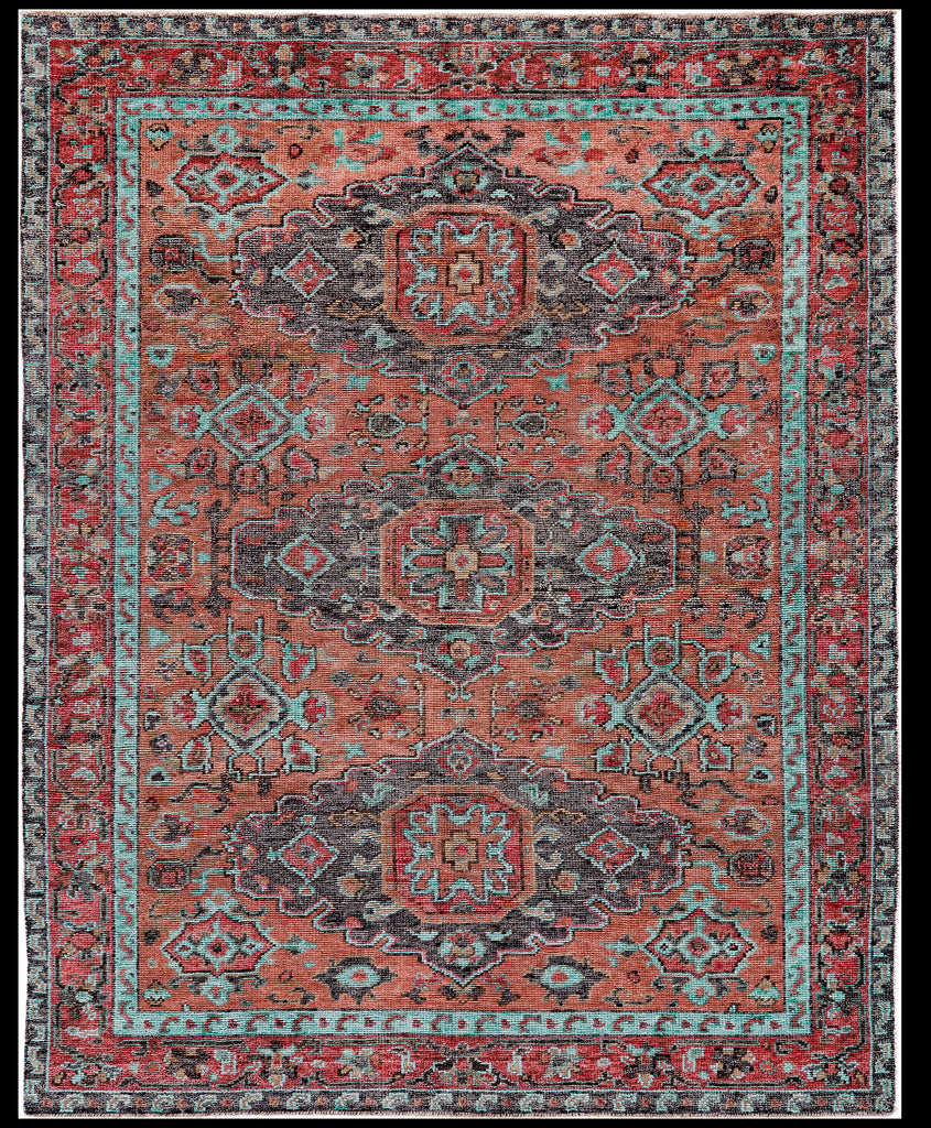 Piraj Traditional Bordered Red Orange Blue Area Rug (5'6" x 8'6")