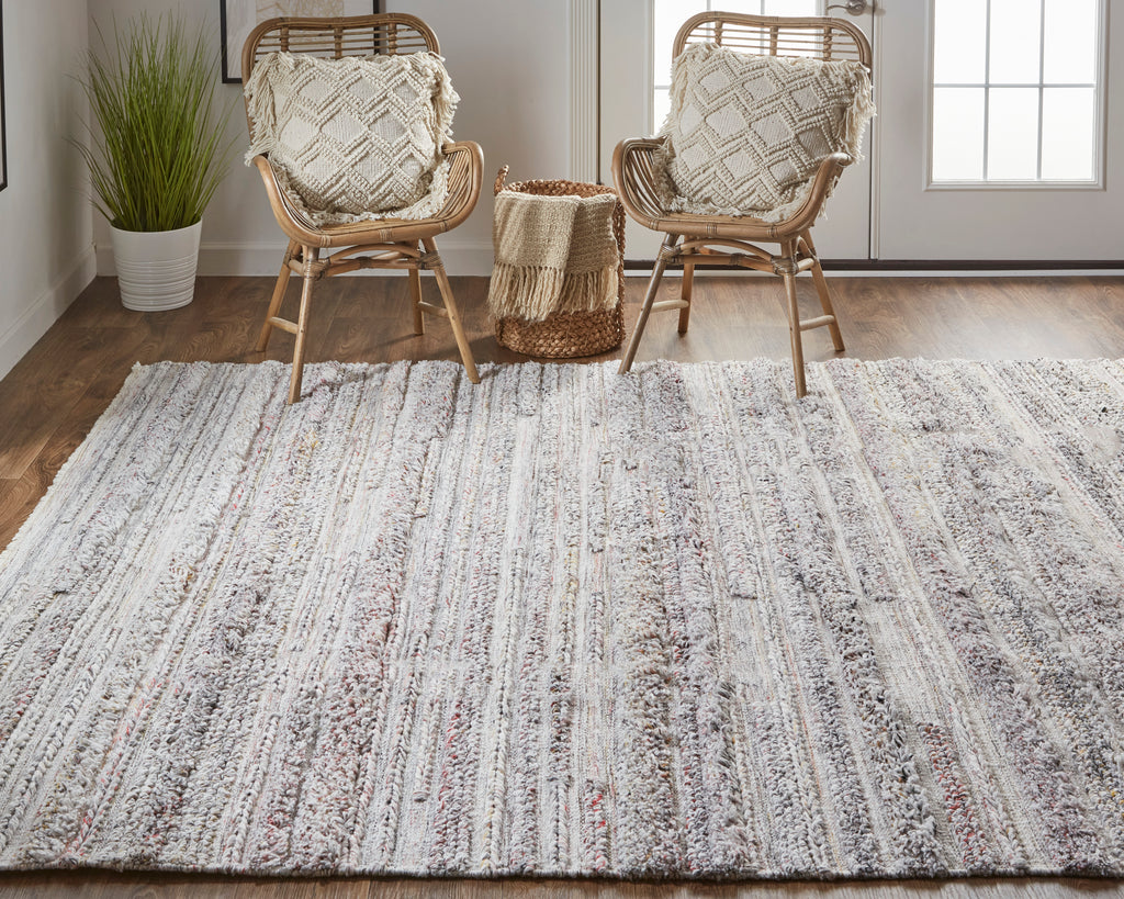 Alden Transitional Stripes Taupe Ivory Red Area Rug (5' x 8')