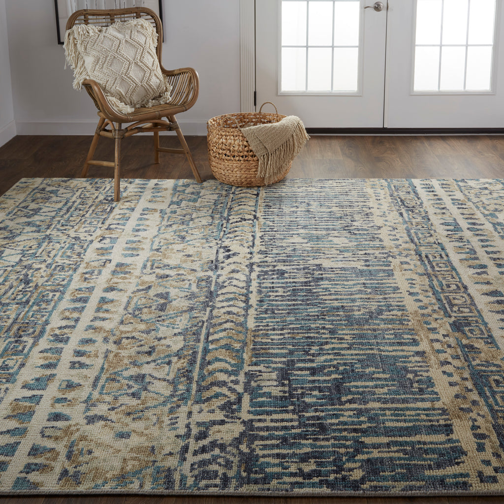 Palomar Transitional Geometric Tan Blue Area Rug (11'6" x 15')