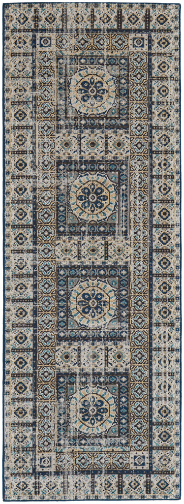 Nolan Transitional Medallion Ivory Tan Blue Area Rug (2'10" x 7'10")