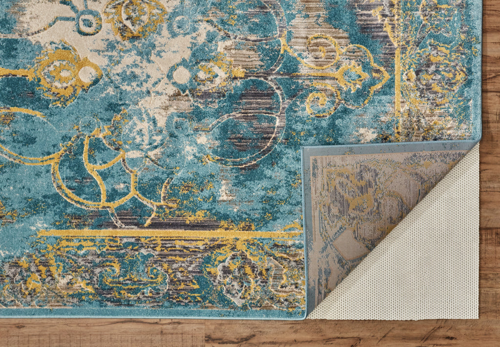 Keats Transitional Distressed Blue Yellow Taupe Area Rug (2'7" x 8')