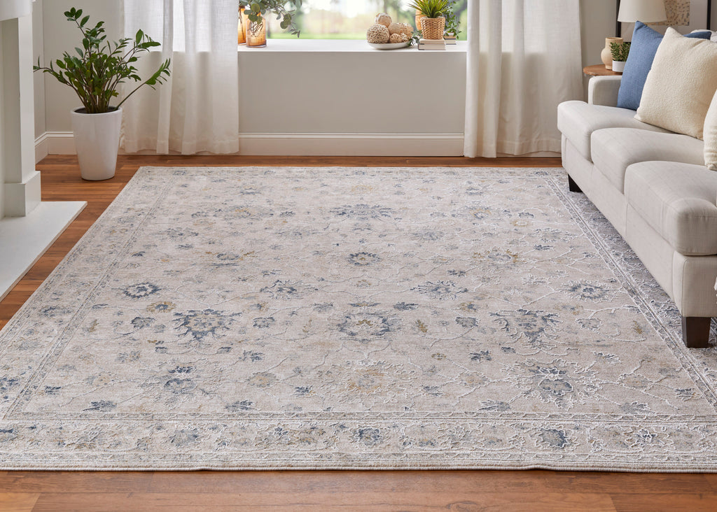 Pasha Transitional Floral Botanical Ivory Taupe Blue Area Rug (2' x 3')