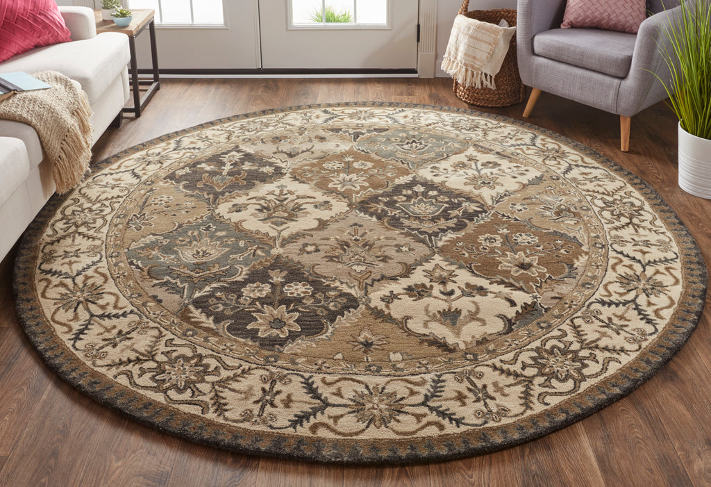 Eaton Traditional Bordered Blue Gray Taupe Area Rug (8' x 8')