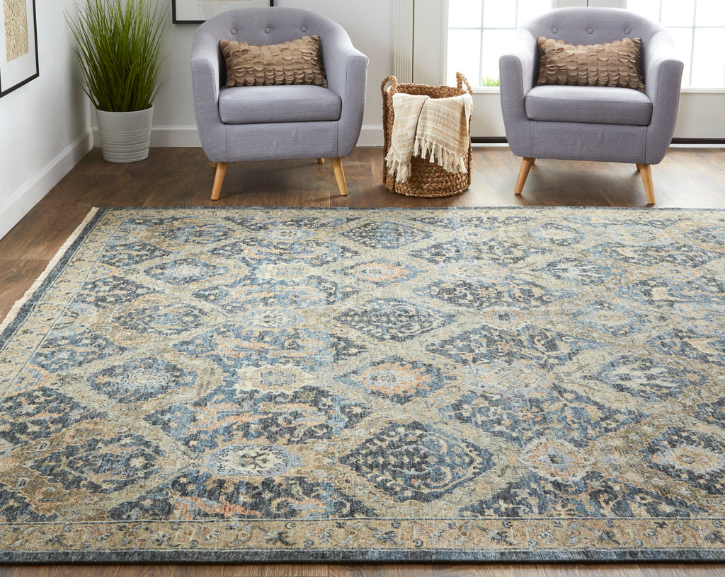 Marabel Traditional Damask Blue Taupe Brown Area Rug (3'6" x 5'6")