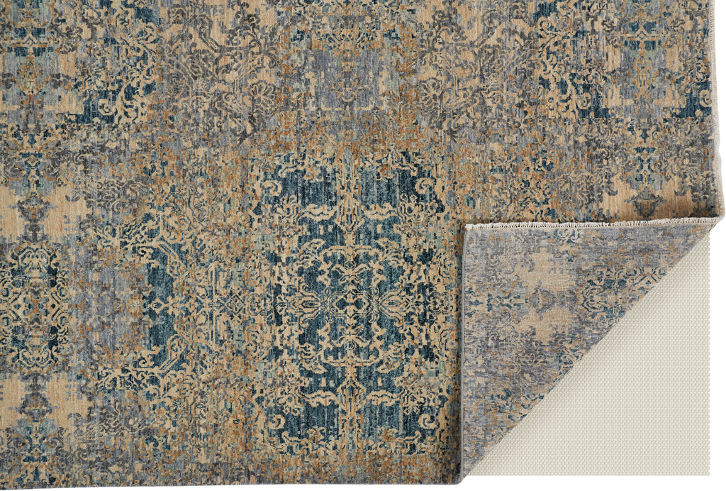 Elanor Transitional Damask Tan Ivory Blue Area Rug (2' x 3')