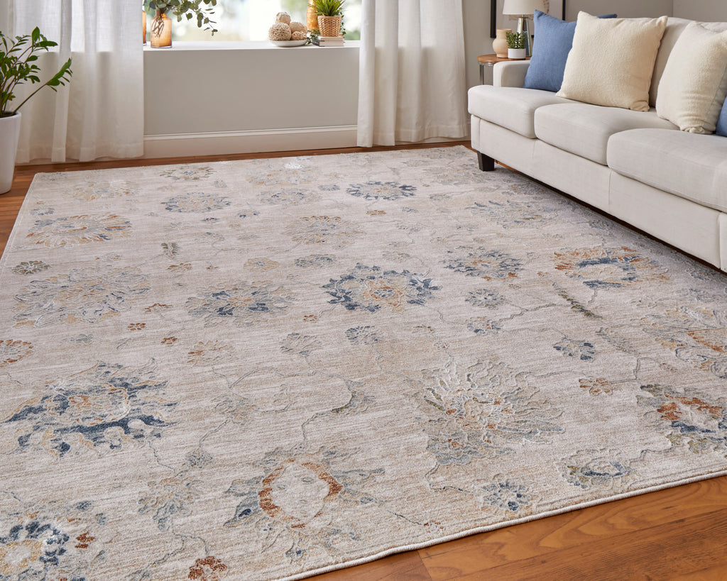 Pasha Transitional Floral Botanical Taupe Ivory Blue Area Rug (7'10" x 10'3")