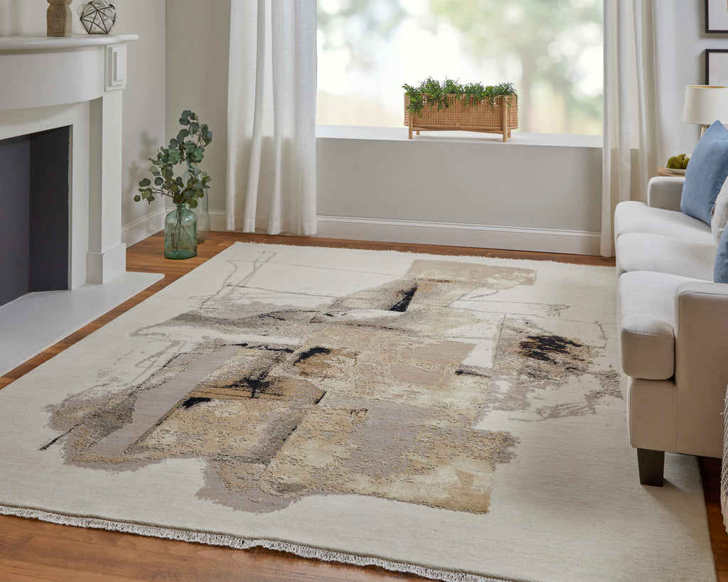 Skylar Modern Abstract Ivory Tan Taupe Area Rug (11'6" x 15')